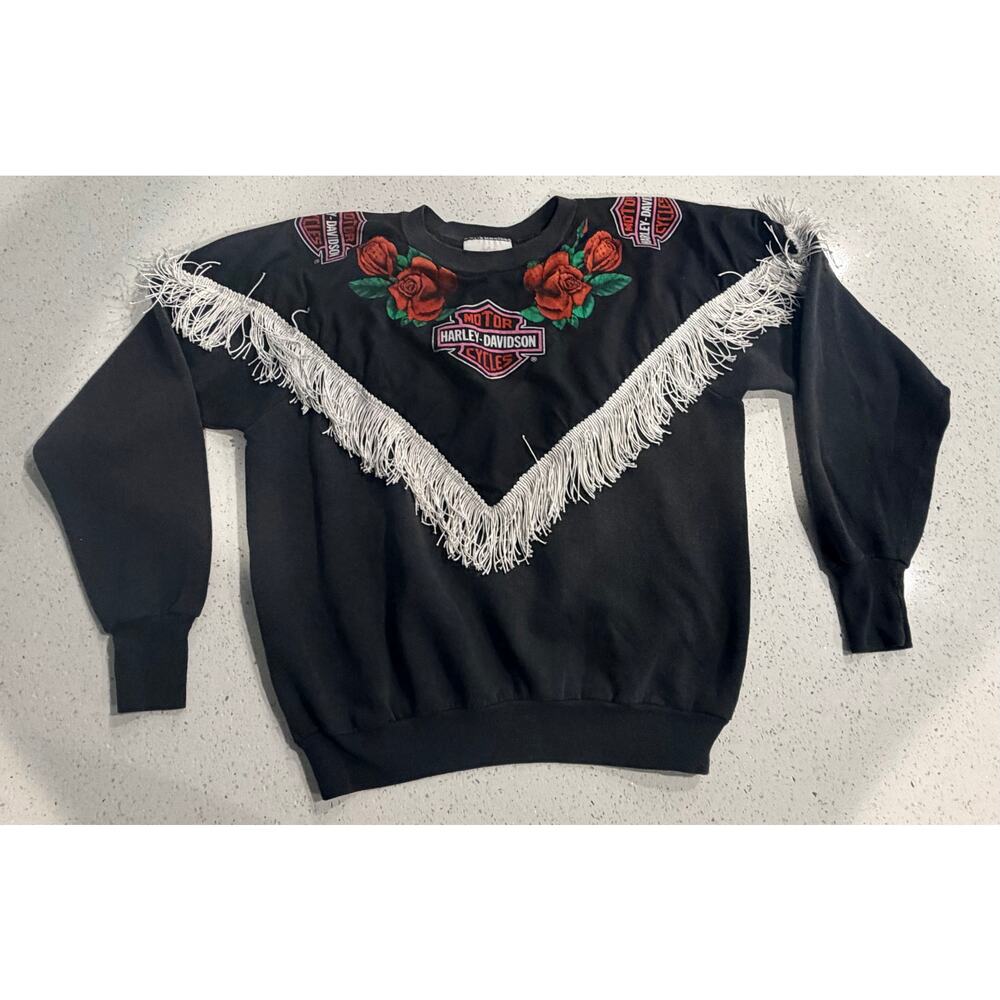 Vintage 1980s Women's Harley Davidson Tassel Fringe Sweatshirt LARGE Biker